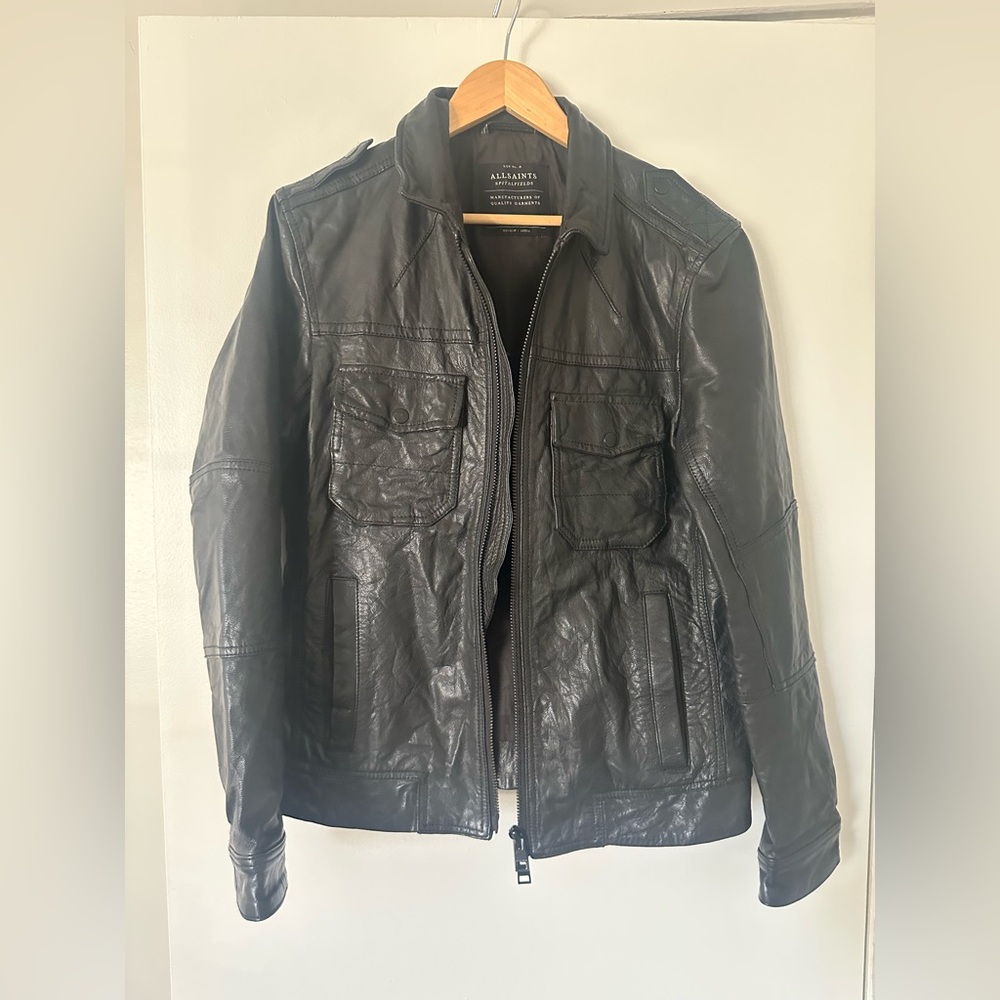 All Saints Dark Leather Military Jacket